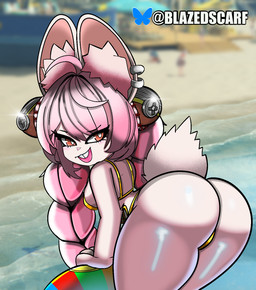 anthro big_butt bikini bikini_thong biped braided_hair breasts butt clothing eyelashes female hair looking_back pink_body pink_hair pupils small_breasts smile solo swimwear thick_thighs two-piece_swimsuit blazedscarf golden_week mihoyo zenless_zone_zero zhao_(zenless_zone_zero) lagomorph leporid mammal rabbit hi_res