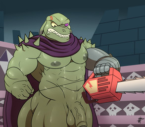 anthro balls cape chainsaw clothing cross-popping_vein genitals green_body humanoid_genitalia humanoid_penis male muscular muscular_anthro muscular_male nipples nude pecs penis power_tool prosthetic prosthetic_arm prosthetic_limb solo teeth tools wolfybuns disney star_vs._the_forces_of_evil rasticore_(svtfoe) reptile scalie septarian alternate_version_at_source hi_res
