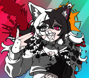blood blood_splatter bodily_fluids breasts bright_colors choker cleavage clothed clothing eye_bags female fingerguns hair hoodie ink_splatter jewelry messy_hair necklace oversized_clothing self-harm sharp_teeth solo teeth topwear wolf_ears momobutt mythology dahlia_de_silvis canid canine humanoid mammal mythological_canine mythological_creature werecanid werecanine werecreature werewolf hi_res