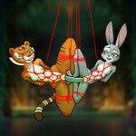 anthro bdsm bondage bound breasts dildo double_dildo duo female female/female genitals nipples nude penetration pussy restraints rope rope_bondage rope_harness sex_toy sharing_dildo sharing_sex_toy stripes suspension suspension_bondage catfistingparty_(artist) disney dreamworks kung_fu_panda zootopia judy_hopps master_tigress felid lagomorph leporid mammal pantherine rabbit tiger 1:1 digital_media_(artwork) hi_res