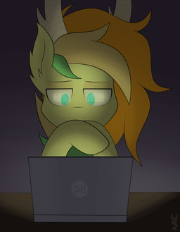 2_horns blonde_hair blue_eyes computer computer_screen dark_room electronics female feral fur green_body green_fur green_hair hair horn looking_down orange_hair simple_background solo yellow_body strayed_anima hasbro my_little_pony anima_(strayedanima) fan_character jirtan mammal 2020 colored digital_drawing_(artwork) digital_media_(artwork) shaded watermark