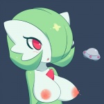 big_breasts blush breasts clothed clothing erect_nipples female green_hair hair hair_over_eye nipples not_furry one_eye_obstructed open_mouth red_eyes solo spacecraft surprise topless vehicle jcdr nintendo pokemon nougat_(character) gardevoir generation_3_pokemon pokemon_(species) 1:1