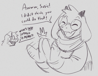 angry anthro clapping dialogue duo eyes_closed eyewear female fur glasses male partial_speech_bubble smile text thelivingtrashcan deltarune undertale undertale_(series) ralsei susie_(deltarune) bovid caprine darkner goat lizard mammal reptile scalie 2021 english_text monochrome