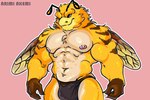 abs antennae_(anatomy) anthro biceps biped body_hair bottomwear chest_hair clothing deltoids loincloth male male/male muscular muscular_male navel nipples pecs simple_background solo stripes triceps wings yellow_body arimi_akemi arthropod bee hymenopteran insect digital_media_(artwork) portrait signature three-quarter_portrait