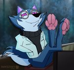 anthro bottomless chair chalkboard clothed clothing coat eyewear furniture glasses hand_in_pocket information_board inside lab_coat looking_at_viewer male partially_clothed paws pockets raised_paw sitting smile solo sweater teeth topwear turtleneck pawzzhky dreamworks kipo_and_the_age_of_wonderbeasts netflix good_billions_(kipo) canid canine canis mammal wolf hi_res watermark