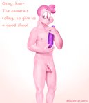 anthro balls big_eyes dialogue dildo flaccid foreskin genitals hair holding_dildo holding_object holding_sex_toy looking_at_viewer male nervous nipples penis pink_body pink_hair pose recording sex_toy slim solo standing text hocolatemilk puririn lagomorph mammal absurd_res detailed digital_media_(artwork) english_text hi_res pinup