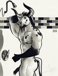 anthro butt genitals hairy_penis half-erect horn male muscular muscular_anthro muscular_male pecs penis shower smile solo spots bgn vonce_(bgn) bovid bovine cattle mammal 2022 hi_res monochrome