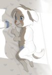 ambiguous_gender anthro baby baby_bottle bed blush clean_diaper clothed clothing diaper furniture light lying milk on_side smile solo sunlight teeth wearing_diaper young young_anthro felyn canid canine canis domestic_dog mammal hi_res