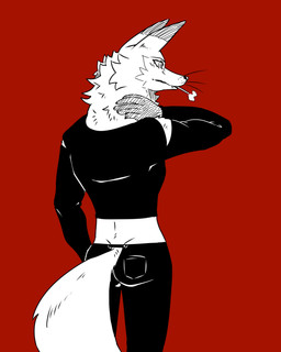 anthro black_clothing bottomwear cigarette cigarette_in_mouth cigarette_smoke clothed clothing fur hand_on_neck male object_in_mouth pants rear_view red_background shirt simple_background smoke solo tail topwear whiskers reagan700 louis_velvet canid canine fox mammal 2026 4:5 hi_res