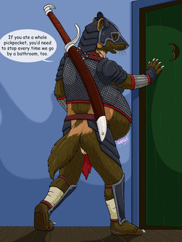 after_vore anthro anthro_pred anus armor belly big_belly bottomless bottomless_female brown_body brown_eyes brown_fur chainmail clothed clothing dialogue female female_anthro female_pred footwear fully_inside fur furgonomic_headwear furgonomics genitals inside melee_weapon partially_clothed rumbling_stomach sandals scabbard shoes solo speech_bubble sword tail text vore vulva weapon whiskers strega gulonine mammal mustelid musteline wolverine english_text hi_res