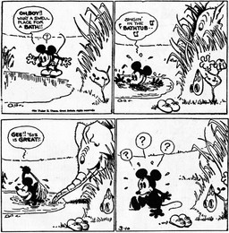 4_fingers ambiguous_gender anthro bottomwear clothed clothing dialogue duo feral fingers footwear gloves grass handwear male nude open_mouth outside pants partially_submerged plant proboscis_(anatomy) question_mark shoes speech_bubble standing tail teeth text trunk_(anatomy) water ub_iwerks walt_disney_(artist) win_smith disney public_domain mickey_mouse elephant elephantid mammal proboscidean 1930 20th_century absurd_res ancient_art black_and_white english_text hi_res monochrome