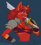 anthro armor black_nose blue_eyes broken_sword clothed clothing crown female fur hair headgear looking_at_viewer markings melee_weapon nipple_outline orange_markings red_body red_fur red_hair smile solo sword teeth tiara torn_clothing weapon nim-nim molly_fullin canid canine dreamspinner fox mammal 2009 digital_media_(artwork)