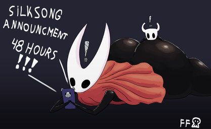 2_horns ambiguous_gender big_butt biped black_body black_butt black_eyes butt clothing dialogue duo electronics exclamation_point female holding_object holding_phone horn huge_butt phone text white_text ffelirovich hollow_knight:_silksong hollow_knight_(franchise) team_cherry hornet_(hollow_knight) the_knight_(hollow_knight) arthropod vessel_(species) 2025 absurd_res english_text hi_res half_sister_(lore) sibling_(lore) sister_(lore)