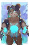 anthro blue_eyes bottomwear clothed clothing fur hair heterochromia hoodie male open_clothing open_hoodie open_topwear paint shorts simple_background solo standing topwear white_body white_fur biri bear mammal polar_bear ursine hi_res