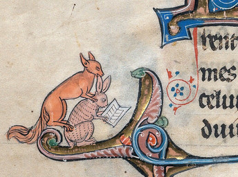 ambiguous/ambiguous ambiguous_gender bite book duo ear_bite feral illuminated_manuscript lying marginalia medieval on_back predator/prey reading sitting text unknown_artist canid canine fox lagomorph leporid mammal rabbit 13th_century ancient_art