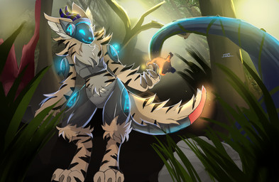 anthro bloom cybernetics fur glowing grass horn machine male plant rock solo striped_body striped_fur stripes tan_body tan_fur tree visor anonymous_artist atmo_(atmospirax) protogen absurd_res hi_res
