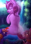 bathing blush cutie_mark eyes_closed female forest grass group macro male plant pond size_difference smile tree waterfall waterfall_shower wet sugaryviolet hasbro my_little_pony fan_character sugary_violet deer equid equine mammal new_world_deer reindeer 2021 absurd_res hi_res