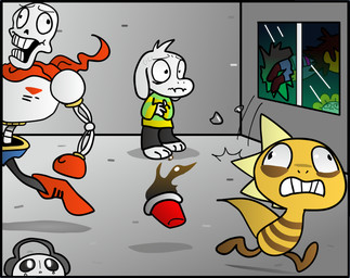 anthro armless bone clothing confusion derp_eyes electronics feet flower fur gloves group handwear headgear headphones headset male pattern_clothing plant running scared scarf skeleton striped_clothing stripes white_body white_fur ilovegir64 undertale undertale_(series) asriel_dreemurr flowey_the_flower frisk_(undertale) monster_kid napstablook papyrus_(undertale) animated_skeleton boss_monster_(undertale) bovid caprine ghost goat human mammal scalie spirit undead 2015 absurd_res hi_res
