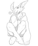 anthro big_ears bottomless cheek_tuft clothed clothing facial_tuft female heart_symbol hoodie hoodie_only hooves looking_at_viewer sitting smile solo topwear topwear_only tuft zibeline anna_(validheretic) goblin humanoid hi_res monochrome