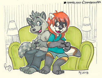 anthro black_nose blue_bottomwear blue_clothing blue_eyes blue_shirt blue_shorts blue_t-shirt blue_topwear bottomwear brown_eyes clothed clothing controller duo female female_anthro front_view fur furniture gaming glistening glistening_eyes grey_body grey_bottomwear grey_clothing grey_fur grey_hair grey_pants hair holding_controller holding_object inside logo looking_at_viewer male male_anthro navel on_sofa open_mouth open_smile pants playing_video_game red_hair shirt short_hair shorts sitting smile sofa t-shirt topless topwear white_body white_fur pandapaco mammal procyonid raccoon 2018 artist_logo dated signature