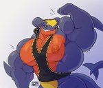 abs anthro areola biceps big_muscles biped clothed clothing flexing flexing_bicep huge_muscles ineffective_clothing male muscular muscular_anthro muscular_male nipples pecs simple_background smile solo topwear triceps crocobu nintendo pokemon garchomp_(randomribbon) randomribbon garchomp generation_4_pokemon pokemon_(species) 2023 absurd_res digital_media_(artwork) hi_res