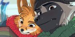 anthro clothed clothing countershade_face countershade_fur countershading duo eyebrows fur grey_body grey_fur male hemuchang look_back_(2024) autumn_(outumn) shin_fennec_(hemuchang) canid canine fennec_fox fox mammal true_fox 2024 hi_res