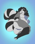 anthro big_breasts bottomwear breasts butt clothed clothing female fur hair looking_at_viewer simple_background smile solo tail thick_thighs blackbetty franciene_(tango's_family) mammal procyonid raccoon 4:5 hi_res