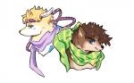 alternate_species blue_eyes brown_body brown_fur clothing duo feral feralized fur furrification headgear headwear looking_at_viewer scarf simple_background white_background white_body white_fur yellow_body yellow_fur magicalkoko jojo's_bizarre_adventure caesar_zeppeli joseph_joestar canid canine canis domestic_dog mammal 16:10 2017 widescreen