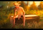 anthro antlers balls blush brown_body brown_fur detailed_background embarrassed flaccid flower forest forest_background freckles fur genitals green_eyes hair half-closed_eyes horn log looking_away male narrowed_eyes nature nature_background nervous nude penis plant seductive shy sitting smile solo tasteful_nudity teasing text tree wood solarlewds felix_(solarlewds) deer mammal new_world_deer white-tailed_deer digital_media_(artwork) english_text hi_res
