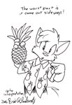 4_fingers aloha_shirt anthro clothing dialogue fingers food fruit gesture hand_gesture holding_object male pattern_clothing pattern_shirt pattern_topwear pineapple plant pointing shirt solo talking_to_viewer text topwear eric_schwartz canid canine fox mammal 2006 english_text half-length_portrait monochrome pen_(artwork) portrait signature traditional_media_(artwork)