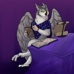 anthro beak black_beak book bottomless clothed clothing feathered_wings feathers grey_body grey_feathers male pencil_(object) scroll solo wings yellow_eyes foxenawolf avian bird owl 1:1