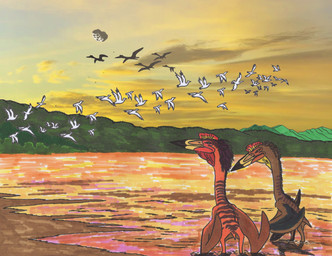 ambiguous_gender asteroid avian_caruncle beak dewlap_(anatomy) duo feathers feral flying forest group head_crest imminent_death imminent_disaster membrane_(anatomy) membranous_wings morning mountain mud orange_body orange_scales outside plant scales silhouette tree wattle wings isaiahctorre azhdarchid prehistoric_species pterosaur quetzalcoatlus reptile scalie absurd_res hi_res