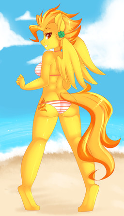 anthro bikini butt clothing cloud cutie_mark feathered_wings feathers female fur hair orange_hair outside rear_view sky solo standing swimwear two-piece_swimsuit wings yellow_body yellow_feathers yellow_fur corrupteddiscipline friendship_is_magic hasbro my_little_pony mythology spitfire_(mlp) wonderbolts_(mlp) equid equine mammal mythological_creature mythological_equine pegasus 2014 absurd_res hi_res source_request unavailable_at_source