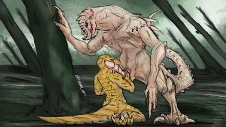 albino animal_genitalia anthro collar fellatio genital_slit genitals male male/male muscular muscular_anthro muscular_male oral penile penis sex swamp teasing gummi_art fallout microsoft johnitan_lambert alligator alligatorid crocodile crocodilian deathclaw reptile scalie 16:9 hi_res widescreen