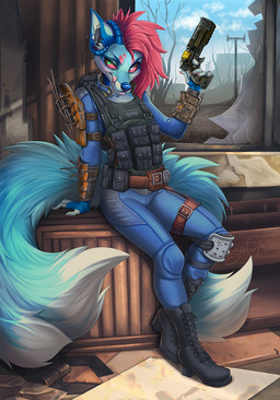 5_fingers anthro armor blue_body blue_fur blue_nose clothed clothing curved_horn day detailed_background female fingers fur gun hair heterochromia holding_gun holding_object holding_ranged_weapon holding_weapon horn inside pink_hair ranged_weapon red_sclera sky solo tail tongue topwear vault_suit weapon sorafoxyteils fallout microsoft sora_(sorafoxyteils) canid canine demon fox mammal 2017 digital_media_(artwork) hi_res