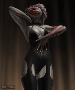 5_fingers anthro breasts claws clothing female fingers hair jewelry legwear necklace non-mammal_breasts pose solo stockings tattoo techiesxc microsoft the_elder_scrolls argonian lizard reptile scalie 2025 digital_media_(artwork) hi_res