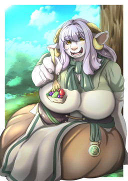 anthro belt big_breasts blurred_background breasts brown_eyes clothing cloud curved_horn day dress feeding_viewer female food glistening glistening_eyes hair holding_fork horn long_hair looking_at_viewer outside overweight overweight_anthro overweight_female pink_nose plant purple_hair sky solo tree wide_hips sasanoha6011 lumeria_(sasanoha6011) bovid caprine goat mammal hi_res