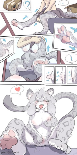 anthro areola bed blush bodily_fluids box breast_fondling breast_play breasts bulge butt cardboard cardboard_box claws clothing container countershade_arms countershade_butt countershade_face countershade_feet countershade_fur countershade_legs countershade_neck countershade_torso countershading directional_arrow ellipsis erection exclamation_point feet female fingering fingering_self first_person_view fondling front_view fur furniture gender_transformation genital_fluids genitals genitals_shrinking grey_body grey_fur grey_hair grey_markings hair hand_on_breast hand_on_own_breast heart_symbol human_to_anthro inside latex latex_clothing latex_skinsuit latex_transformation leopard_spots looking_at_self looking_pleasured low-angle_view male male/female markings masturbation mirror mirror_reflection mtf_transformation nipples on_bed open_mouth pawpads paws penis penis_shrinking pink_eyes pink_pawpads question_mark raised_tail reflection self_fondle side_view simple_background sitting sitting_on_bed skinsuit solo species_transformation speech_bubble spots spread_legs spreading suit suit_transformation tail text three-quarter_view tight_clothing tongue tongue_out transformation transformation_pov transformation_sequence vaginal vaginal_fingering vaginal_fluids vaginal_masturbation vulva whiskers white_background white_body white_countershading white_fur yimoon640 felid feline human leopard mammal pantherine snow_leopard 2020 absurd_res artist_name chinese_description colored comic hi_res pictographics shaded