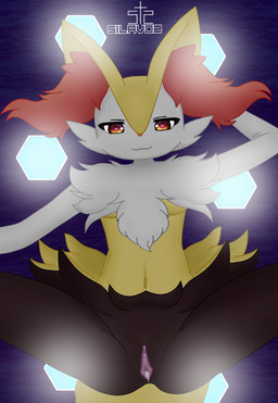 anthro black_body black_fur bodily_fluids clitoris cum cum_in_vagina cum_inside female fur genital_fluids genitals looking_at_viewer navel smile solo spread_legs spreading vulva white_body white_fur yellow_body yellow_fur silavos nintendo pokemon braixen canid canine generation_6_pokemon mammal pokemon_(species) archived_source hi_res watermark