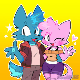 anthro black_eyes blue_body blue_fur blush bottomwear bra_strap breasts clothed clothing crop_top duo eyelashes fangs female freckled_face freckles fur head_tuft heart_symbol holding_another jacket looking_at_viewer male medium_breasts one_eye_closed open_mouth open_smile pants pawpads pink_body pink_fur shirt shorts simple_background smile smiling_at_viewer star tail teeth topwear tuft whiskers wink winking_at_viewer yellow_background isaacsart2005 epic_and_jana epic_(epic_and_jana) jana_(epic_and_jana) canid canine canis domestic_cat felid feline felis mammal wolf 1:1 digital_media_(artwork)