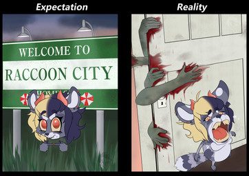 anthro big_eyes blood bodily_fluids crying cute_fangs ear_piercing fangs female fingertips_touching fur grass grey_body grey_fur hiding highlights_(coloring) horn piercing plant scared screaming shortstack sign slightly_chubby snot split_color tears teeth conditional_dnp grinn3r capcom crying_chopper expectation_vs_reality is_for_me? resident_evil ren_(inkeygutz) mammal procyonid raccoon undead zombie 2026 absurd_res hi_res meme