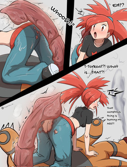 animal_genitalia animal_penis bestiality big_butt big_penis blush bottomwear breasts burnt_clothing butt clothed clothing dialogue duo erection female feral genitals gym_leader hair huge_penis human_focus human_on_feral interspecies male male/female not_furry_focus penis pokephilia red_hair solo_focus text topwear torn_clothing turtle_penis hypertron nintendo pokemon flannery's_torkoal flannery_(pokemon) generation_3_pokemon human mammal pokemon_(species) torkoal 2025 comic english_text hi_res