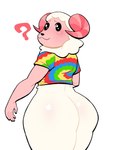 :3 anthro bottomless butt clothed clothing looking_at_viewer male question_mark rear_view simple_background solo tie-dye white_background lovetopullmicke animal_crossing nintendo dom_(animal_crossing) bovid caprine mammal sheep absurd_res hi_res