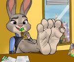 3_toes 4_fingers anthro barefoot biped buckteeth clothing countershade_feet countershading curling_toes feet female fingers foot_focus holding_object humanoid_feet humanoid_hands inside long_ears open_mouth photo plantigrade police police_uniform purple_eyes soles solo teeth toes uniform window lazzylad disney zootopia judy_hopps lagomorph leporid mammal rabbit 2017 6:5 digital_media_(artwork) hi_res