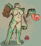 anthro areola big_breasts big_hands big_tongue breasts brown_body brown_eyes brown_scales digitigrade eyelashes female front_view genitals green_body green_scales long_tongue muscular muscular_female navel nipples pink_areola pink_nipples pussy scales slightly_chubby solo tan_body tan_scales thick_thighs tongue tongue_out baconpanties capcom monster_hunter chatacabra hi_res