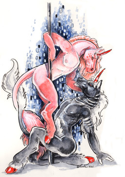 abstract_background anthro arm_around_pole arm_support backward_arm_support between_legs dancing duo entwined_tails eye_contact hand_on_head horn leaning leaning_backward leaning_forward looking_at_another male male/male nude pole pole_between_legs pole_dancing reclining smile tail tail_coil heather_bruton mythology equid equine mammal mythological_creature mythological_equine unicorn acrylic_painting_(artwork) graphite_(artwork) painting_(artwork) traditional_media_(artwork) traditional_painting_(artwork)