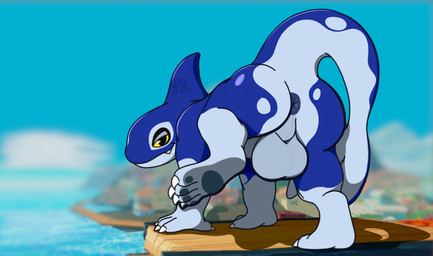 anus balls big_balls big_butt blue_body butt claws detailed_background feral genitals looking_at_viewer looking_back male markings one_foot_raised outside pawpads perineum presenting presenting_hindquarters quadruped raised_tail smile smirk solo tail toe_claws wood waniiime rivals_of_aether orcane aquatic cetacean dolphin mammal oceanic_dolphin orca toothed_whale hi_res