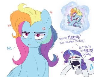 blue_body blush bodily_fluids cross-popping_vein dialogue duo female feral heart_symbol horn polaroid_photo tears text toony white_body wings higglytownhero friendship_is_magic hasbro my_little_pony mythology rainbow_dash_(mlp) rarity_(mlp) equid equine mammal mythological_creature mythological_equine pegasus unicorn english_text hi_res