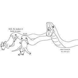 almost_fully_inside dialogue feet_first feral feral_pred feral_prey forced group larger_pred male male/male open_mouth oral_vore partially_inside size_difference swallowing tail text unwilling_prey vore willing_pred urbanhermit mammal murid murine rat reptile rodent scalie snake 2001 black_and_white dated monochrome
