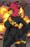 anthro beak breasts explosion explosives female fur hand_on_hip looking_down mascot nipples nude smile solo standing weapon_holster rosededax the_pizza_company chick-a-boom chickira_(chick-a-boom) avian bird chicken galliform gallus_(genus) phasianid digital_media_(artwork) hi_res